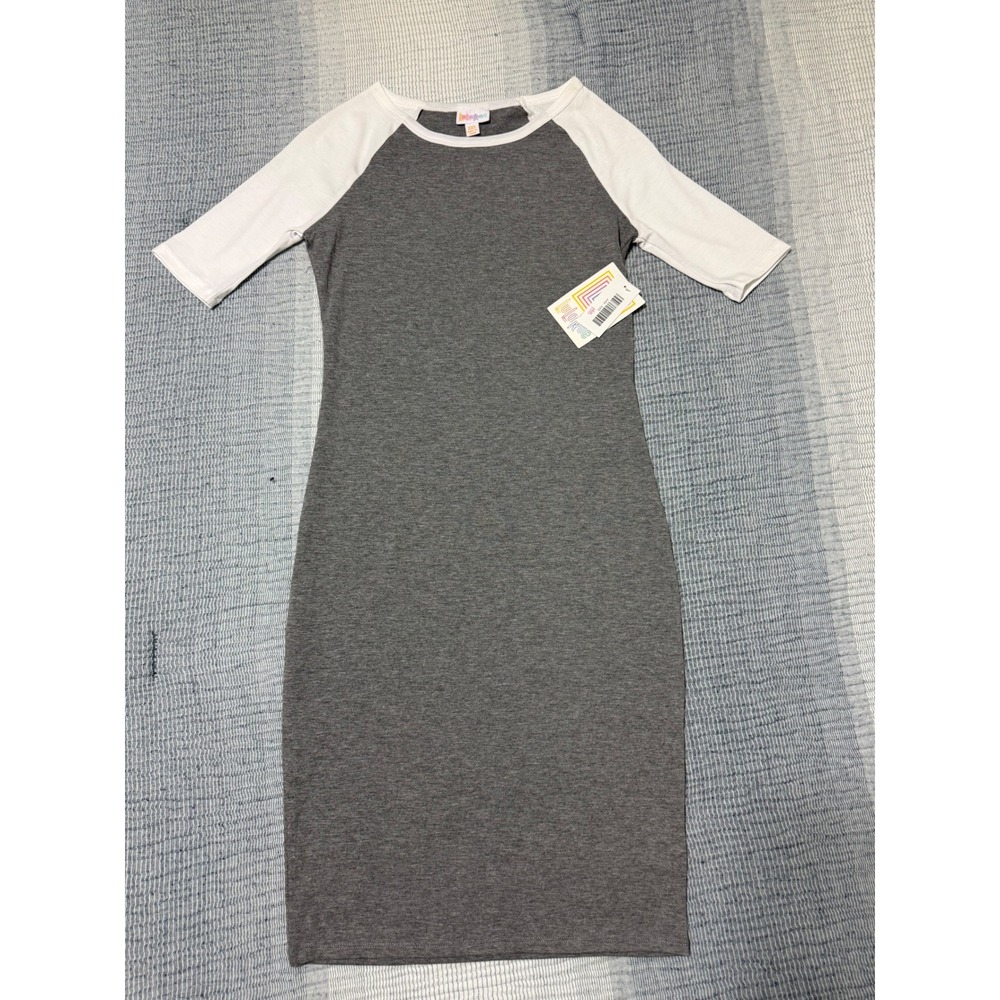LuLaRoe Julia Dress Womens XXS Grey White Raglan Short Sleeve Sheath #155